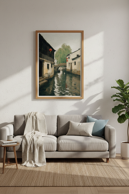 Chinese Water Town Oil Painting | Impressionist Canal Art, Red Lantern Decor