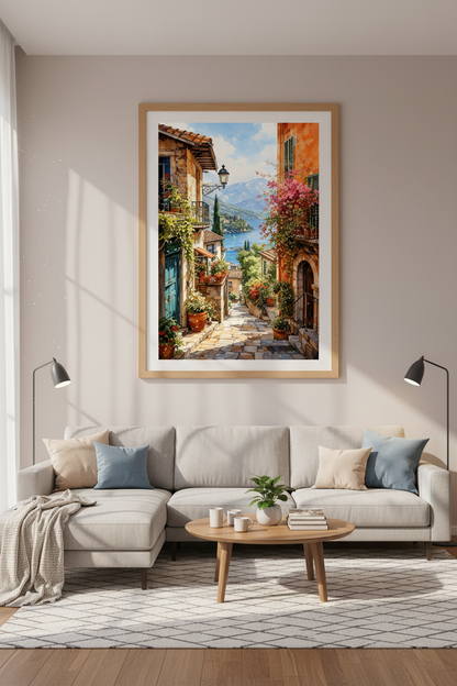 Lake Como Italy Watercolor Art | Mediterranean Landscape, Travel Poster Decor
