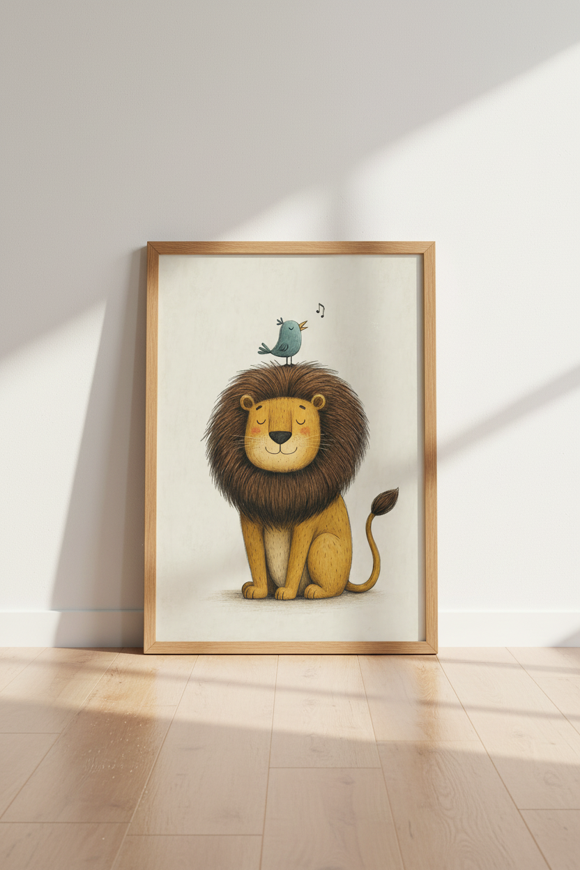 Lion and Bird Nursery Wall Art | Safari Animal Decor | Whimsical Storybook Poster