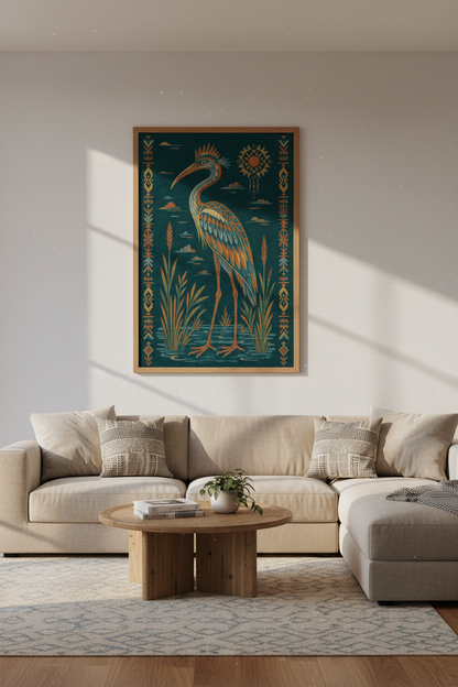 Heron Bird Wall Art | Tribal Boho Teal Print, Southwestern Living Room Decor