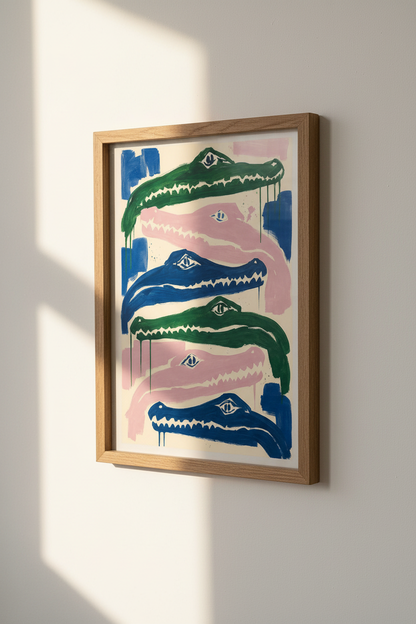 Abstract Alligator Wall Art Print | Pink &amp; Green Eclectic Room Decor | Modern Animal