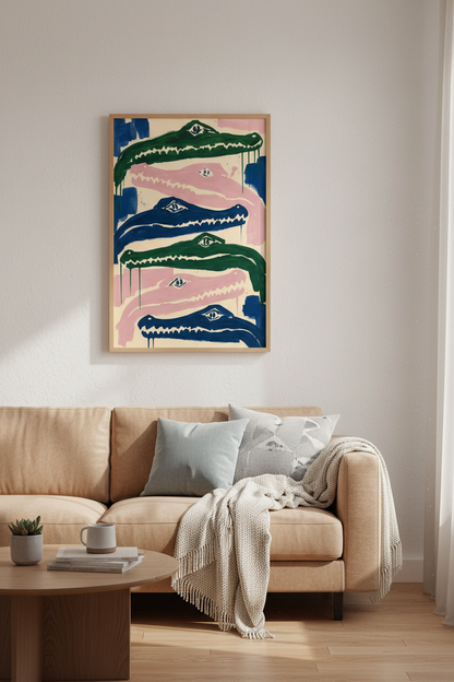 Abstract Alligator Wall Art Print | Pink &amp; Green Eclectic Room Decor | Modern Animal