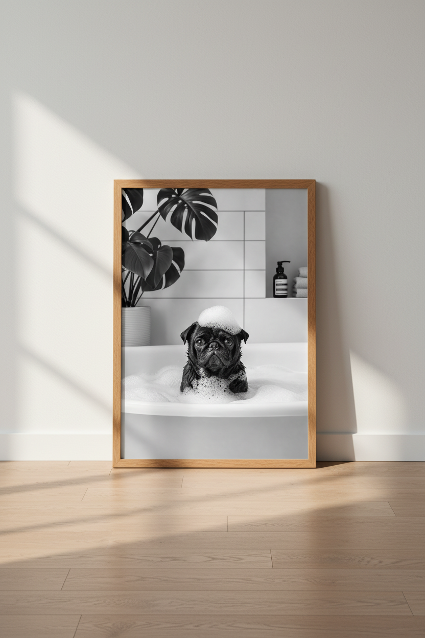 Funny Pug in Bathtub Wall Art Print | Bathroom Decor | Black and White Poster