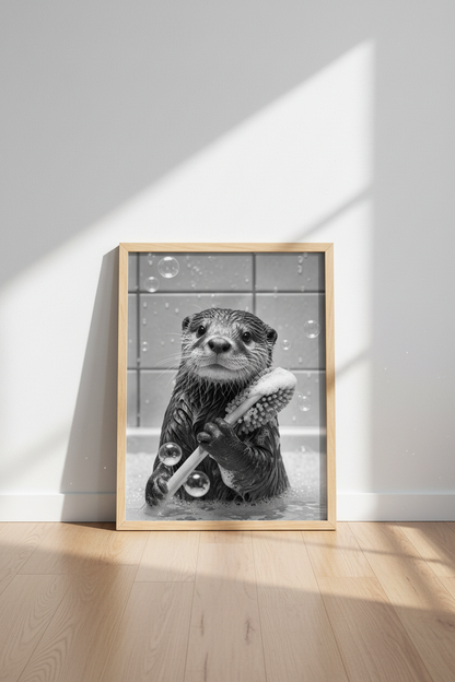 Cute Otter in Bathtub Art | Black and White Photo | Bathroom Wall Decor Poster
