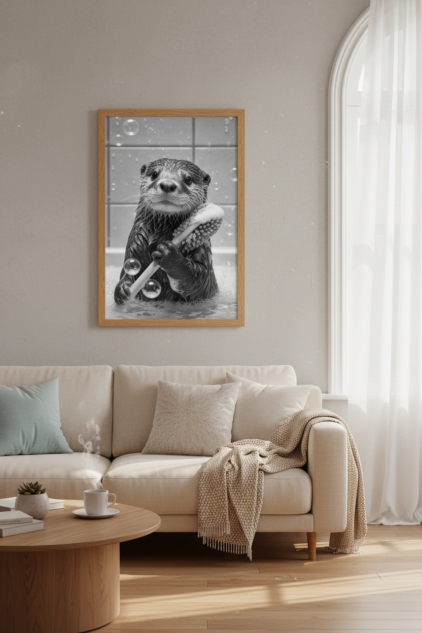 Cute Otter in Bathtub Art | Black and White Photo | Bathroom Wall Decor Poster
