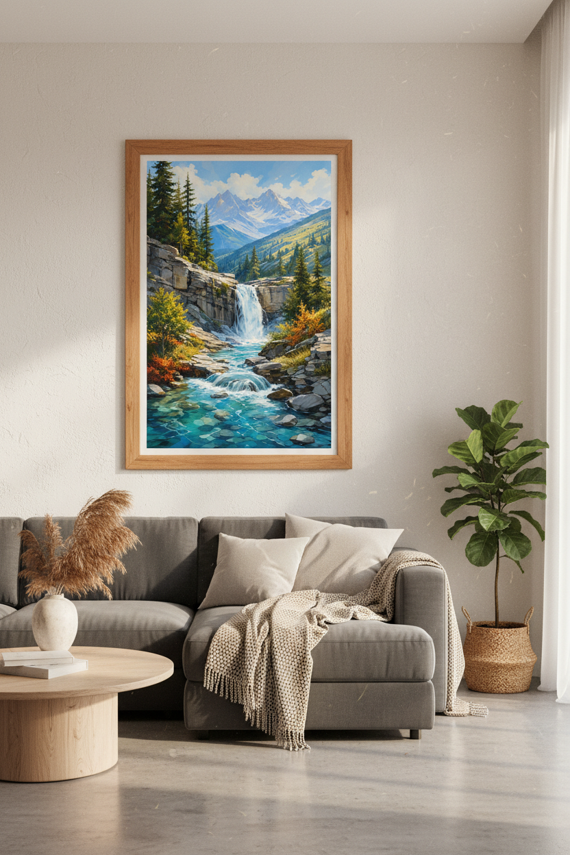 Mountain Waterfall Landscape Wall Art | Blue Nature Poster | Living Room Decor