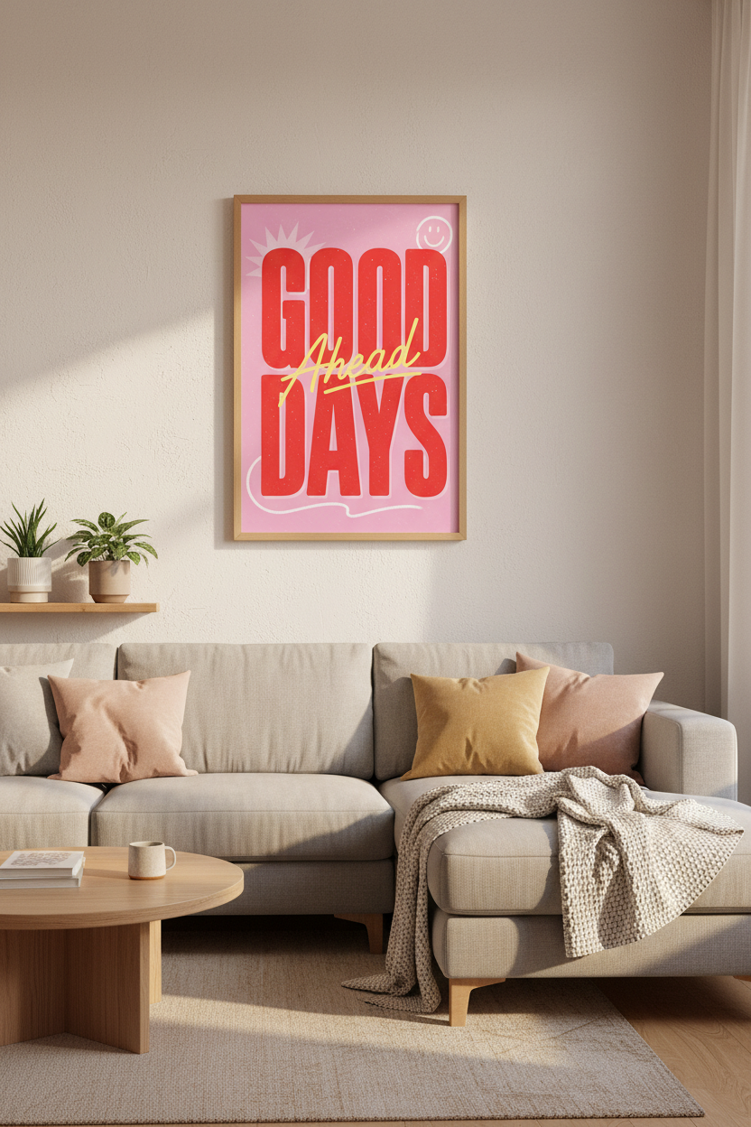 Good Days Ahead Typography Print | Pink Retro Poster, Dopamine Decor