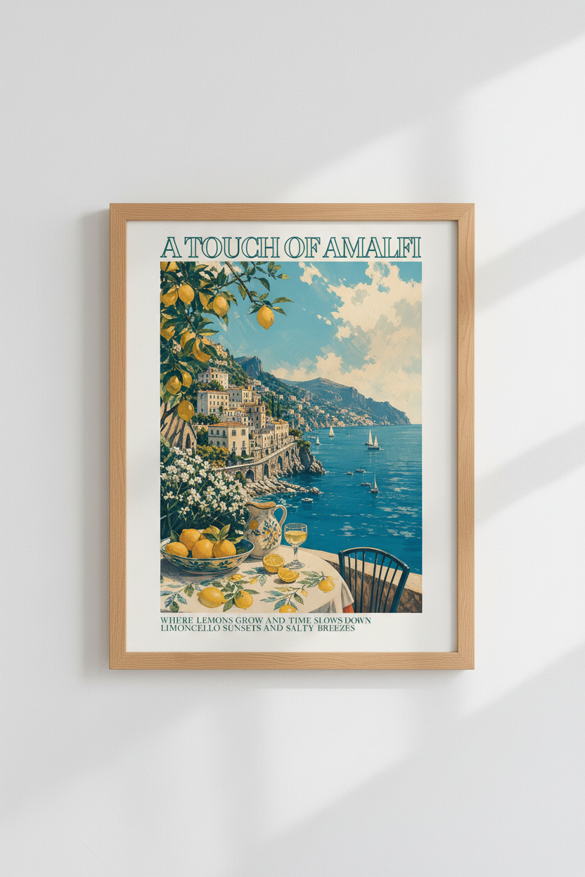 Amalfi Coast Poster | Vintage Italy Travel Print, Mediterranean Kitchen Decor