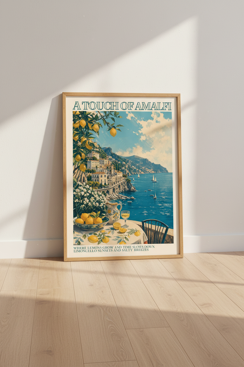 Amalfi Coast Poster | Vintage Italy Travel Print, Mediterranean Kitchen Decor