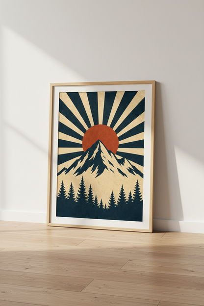 Mountain Sunburst Wall Art | Retro Navy &amp; Orange, Living Room Decor Poster