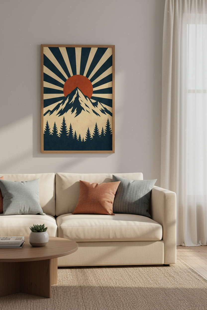 Mountain Sunburst Wall Art | Retro Navy &amp; Orange, Living Room Decor Poster