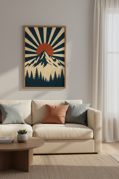 Mountain Sunburst Wall Art | Retro Navy &amp; Orange, Living Room Decor Poster