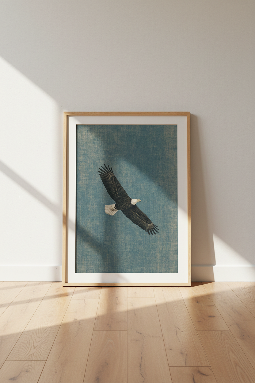 Bald Eagle Flying Wall Art | Blue Linen Texture, Office Decor | Rustic Nature Poster
