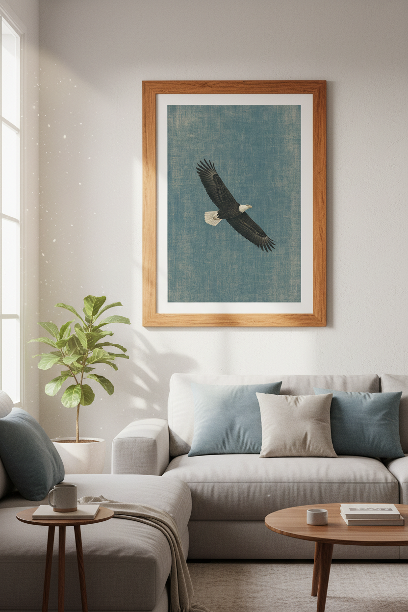 Bald Eagle Flying Wall Art | Blue Linen Texture, Office Decor | Rustic Nature Poster