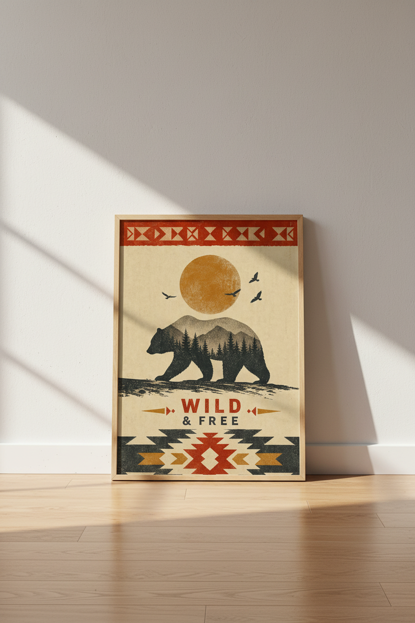 Rustic Grizzly Bear Wall Art | Southwestern Mountain Poster, Cabin &amp; Nursery Decor