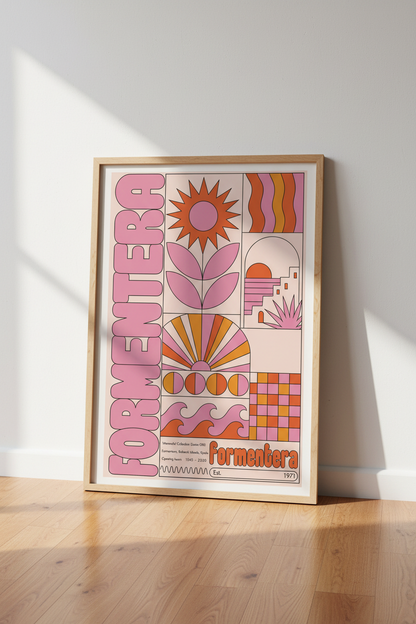 Formentera Spain Retro Travel Poster | Pink &amp; Orange Boho Wall Art | 70s Aesthetic Print