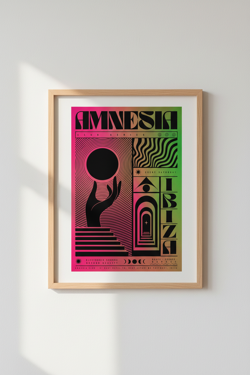 Amnesia Ibiza Club Poster | Neon Pink Green Surrealist Art, Techno Music Decor