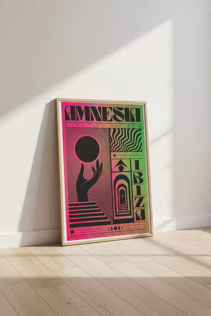 Amnesia Ibiza Club Poster | Neon Pink Green Surrealist Art, Techno Music Decor