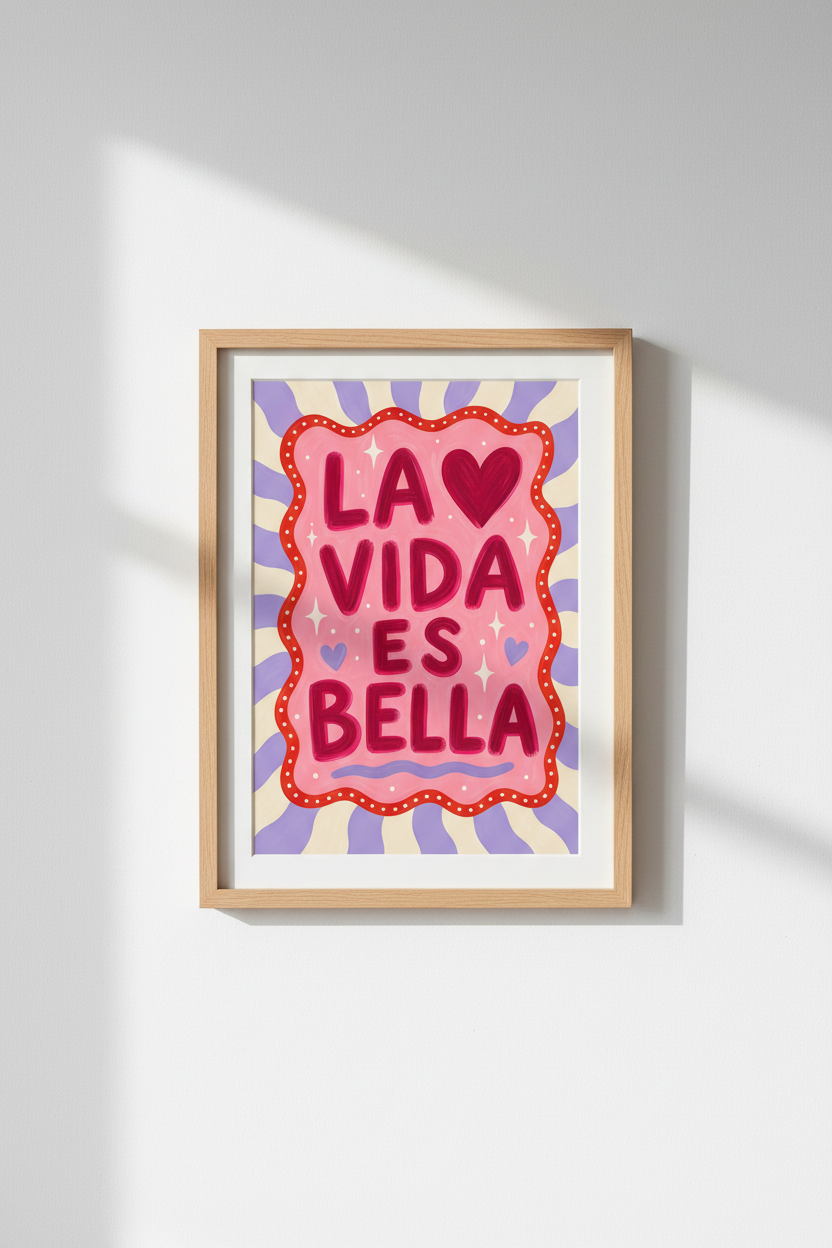Pink Dopamine Wall Art | La Vida Es Bella Spanish Quote, Aesthetic Preppy Poster
