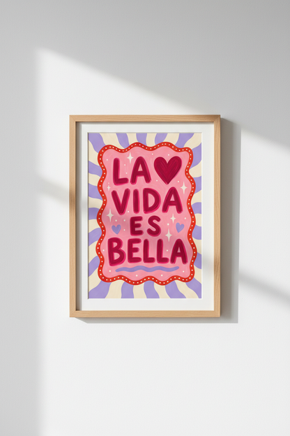 Pink Dopamine Wall Art | La Vida Es Bella Spanish Quote, Aesthetic Preppy Poster
