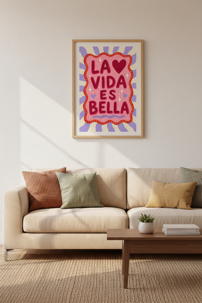 Pink Dopamine Wall Art | La Vida Es Bella Spanish Quote, Aesthetic Preppy Poster