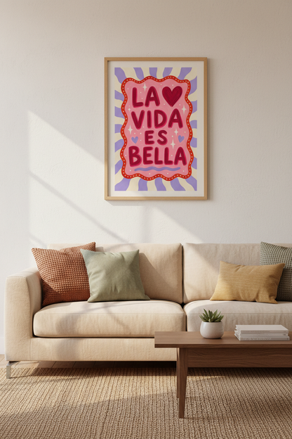 Pink Dopamine Wall Art | La Vida Es Bella Spanish Quote, Aesthetic Preppy Poster