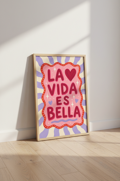 Pink Dopamine Wall Art | La Vida Es Bella Spanish Quote, Aesthetic Preppy Poster