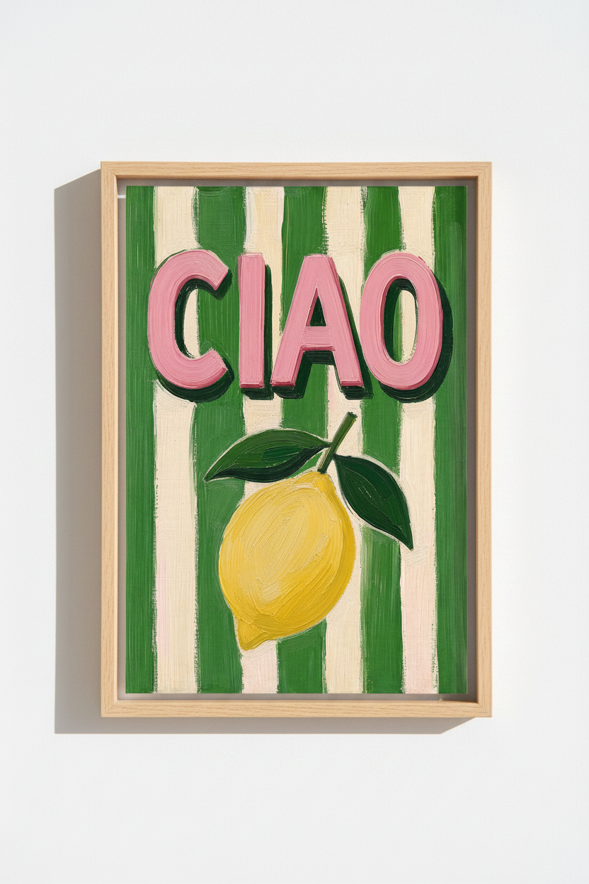 Italian Kitchen Wall Art | Ciao Lemon Summer Poster, Green Striped Mediterranean Decor