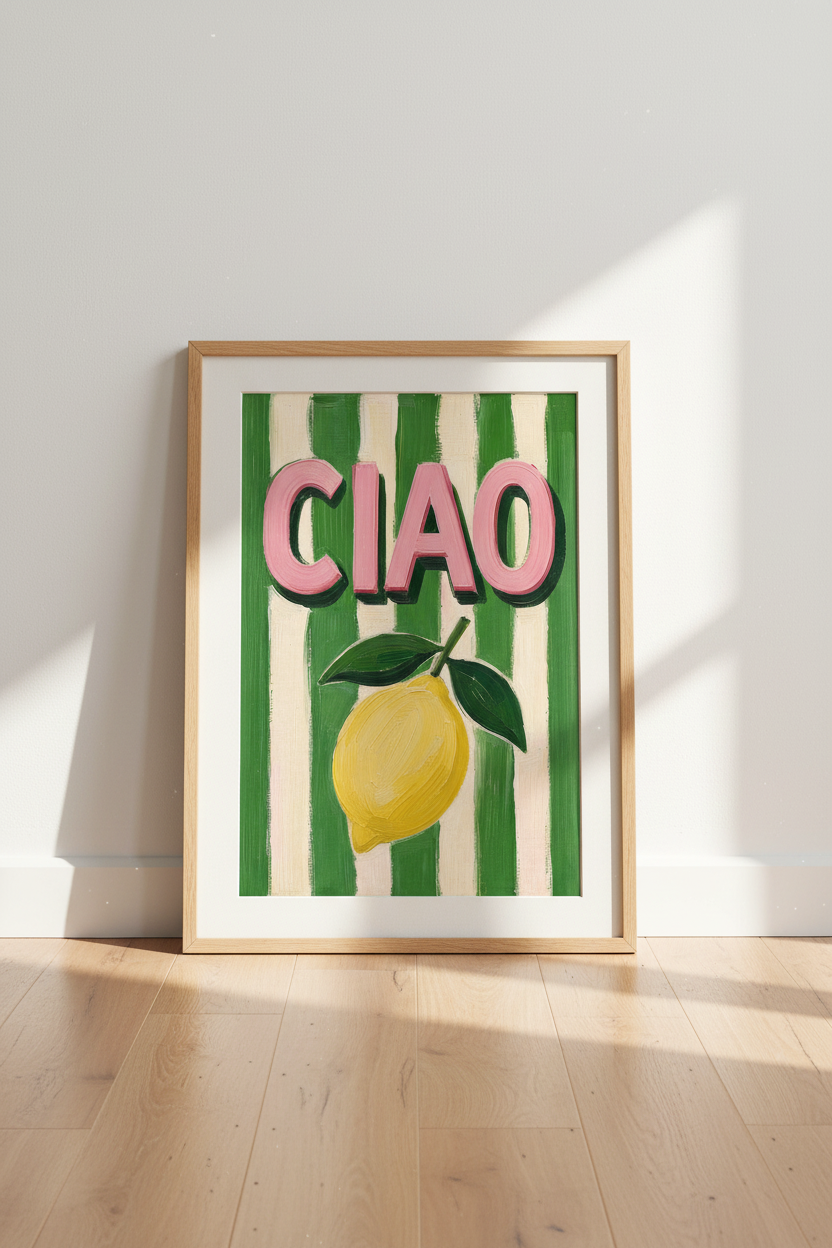 Italian Kitchen Wall Art | Ciao Lemon Summer Poster, Green Striped Mediterranean Decor