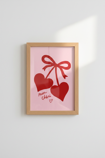 Mon Chéri Heart Cherry Wall Art | Red Pink Coquette Decor | French Quote Poster