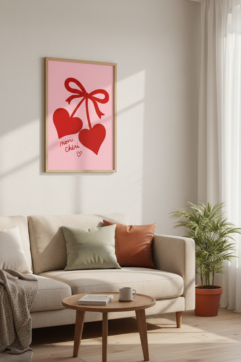 Mon Chéri Heart Cherry Wall Art | Red Pink Coquette Decor | French Quote Poster