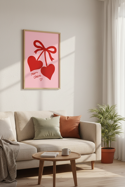 Mon Chéri Heart Cherry Wall Art | Red Pink Coquette Decor | French Quote Poster