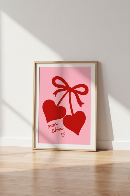 Mon Chéri Heart Cherry Wall Art | Red Pink Coquette Decor | French Quote Poster