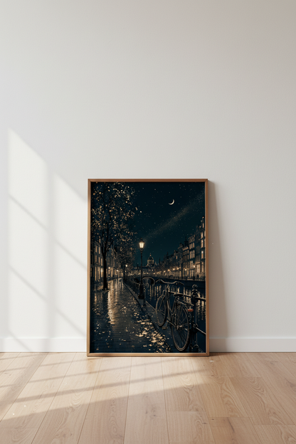 Amsterdam Starry Night Wall Art | Navy &amp; Gold Cityscape Poster, Living Room Decor