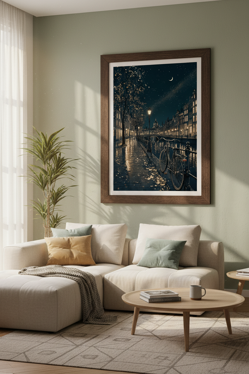 Amsterdam Starry Night Wall Art | Navy &amp; Gold Cityscape Poster, Living Room Decor