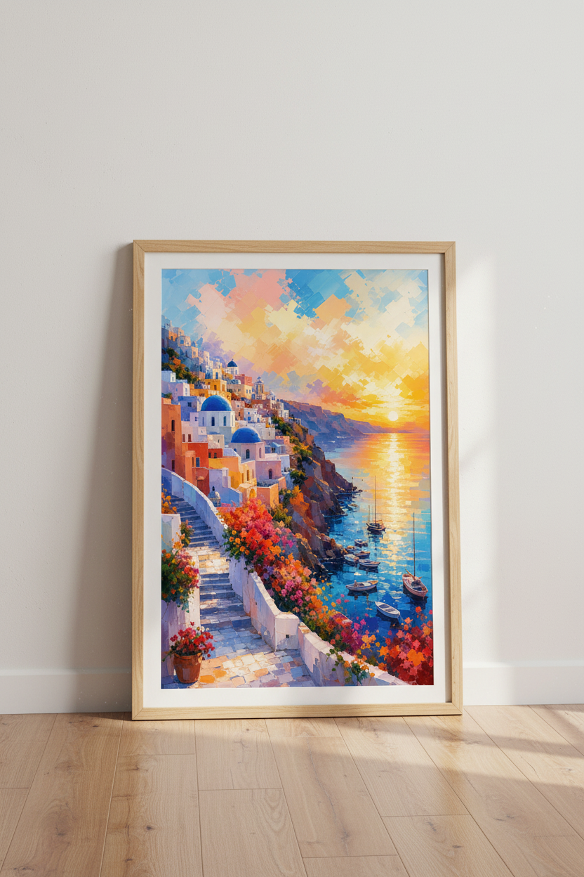 Santorini Sunset Wall Art | Greece Landscape Print | Mediterranean Coastal Decor Poster