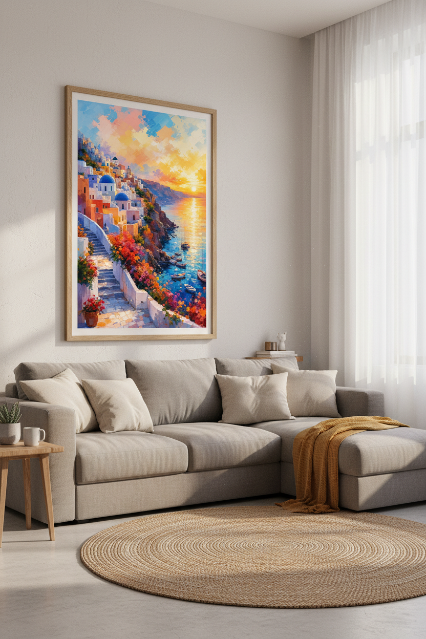Santorini Sunset Wall Art | Greece Landscape Print | Mediterranean Coastal Decor Poster