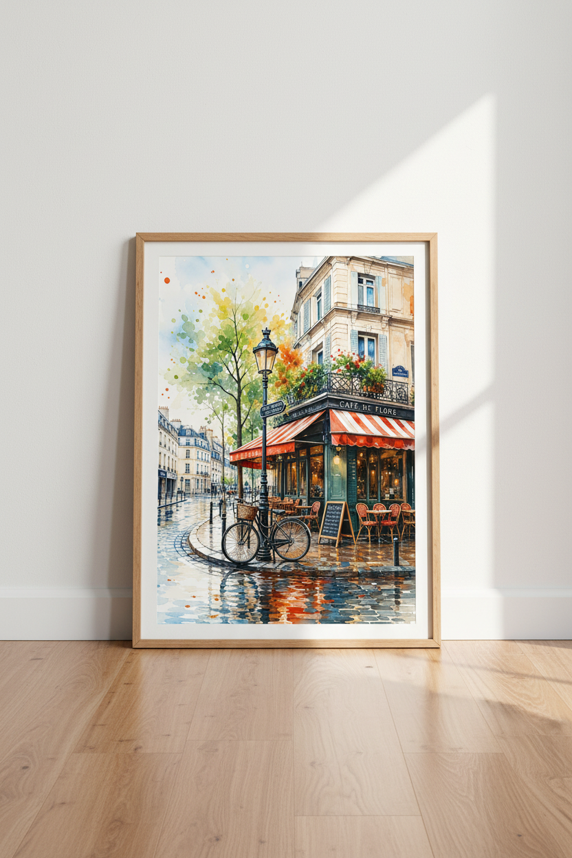 Paris Cafe Watercolor Art Print | French Street Scene, Kitchen Living Room Decor