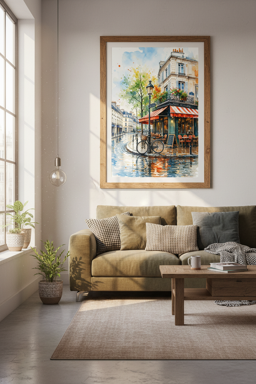 Paris Cafe Watercolor Art Print | French Street Scene, Kitchen Living Room Decor
