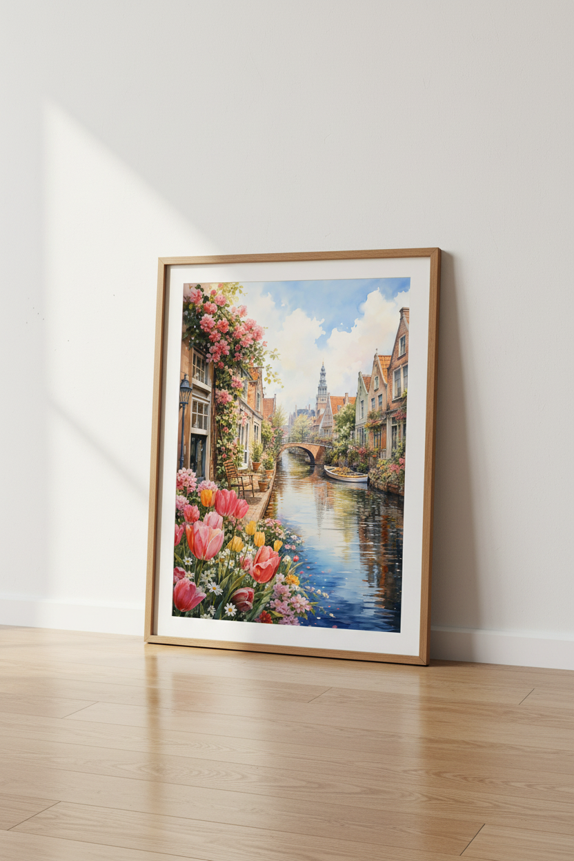 Amsterdam Canal Watercolor Print | Floral Netherlands Wall Art | European City Poster