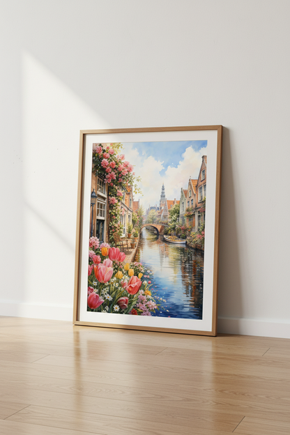 Amsterdam Canal Watercolor Print | Floral Netherlands Wall Art | European City Poster