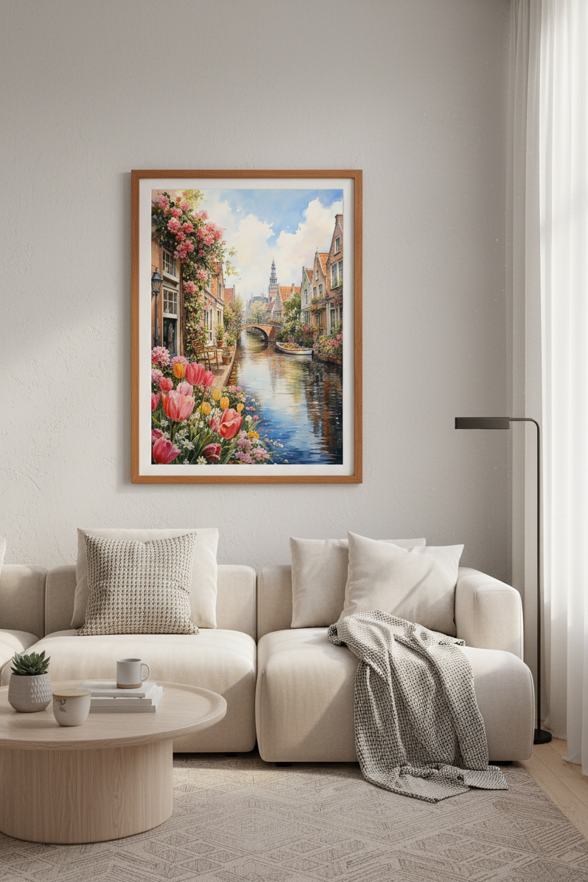 Amsterdam Canal Watercolor Print | Floral Netherlands Wall Art | European City Poster
