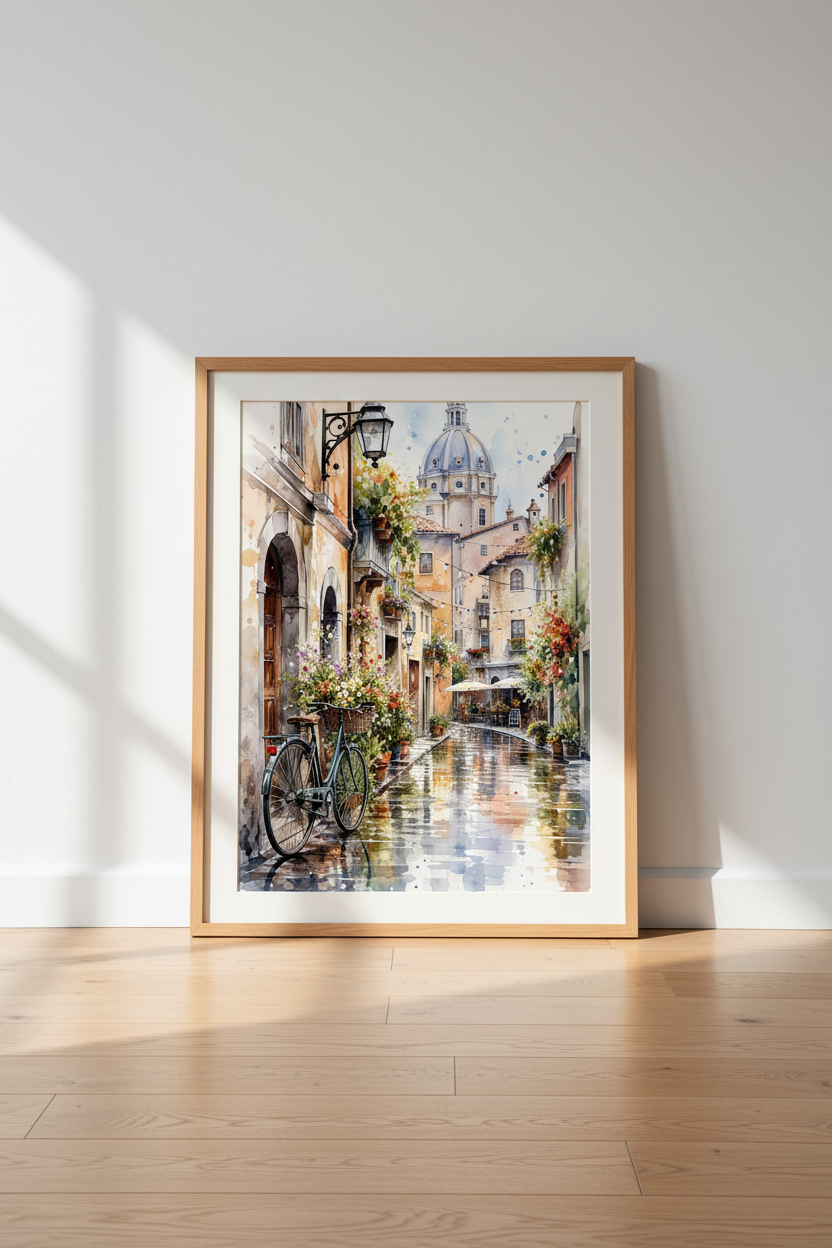Italy Watercolor Street Scene | European Cityscape Art, Living Room Decor Poster print
