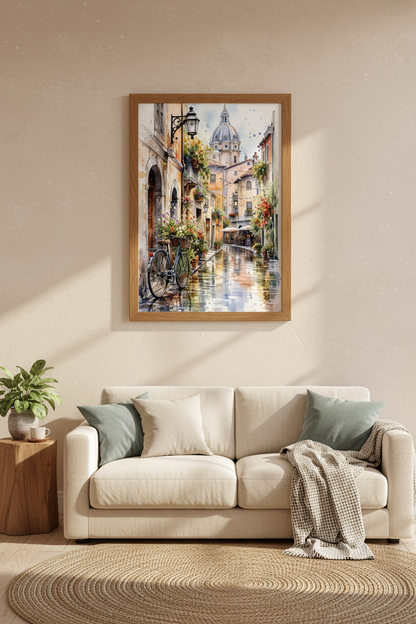 Italy Watercolor Street Scene | European Cityscape Art, Living Room Decor Poster print