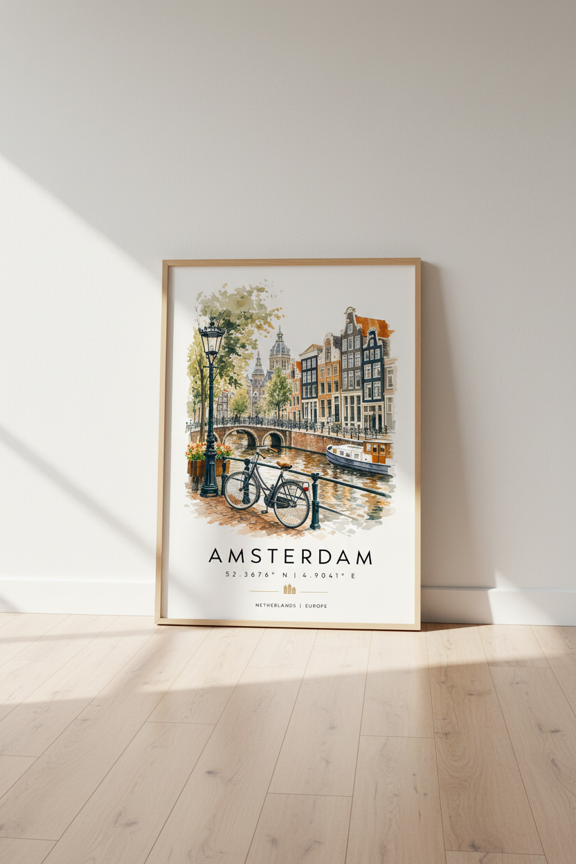 Amsterdam City Watercolor Wall Art | Travel Poster | Netherlands Canal Decor