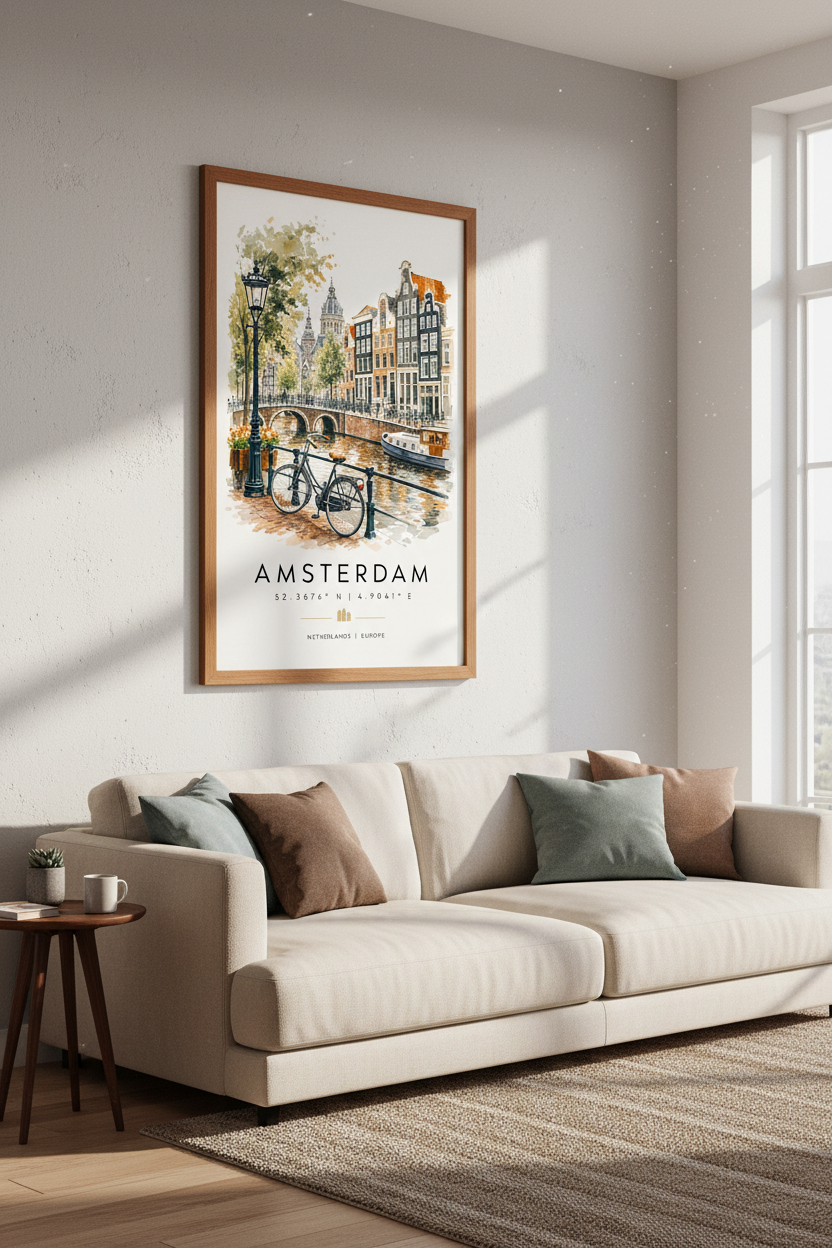 Amsterdam City Watercolor Wall Art | Travel Poster | Netherlands Canal Decor