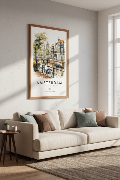 Amsterdam City Watercolor Wall Art | Travel Poster | Netherlands Canal Decor