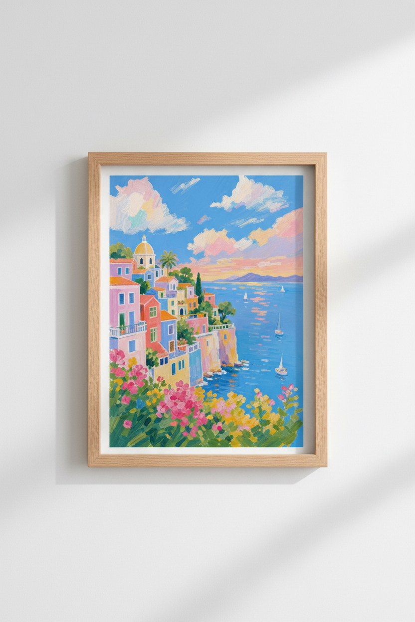 Amalfi Coast Art Print | Italian Coastal Decor, Pastel Mediterranean Poster