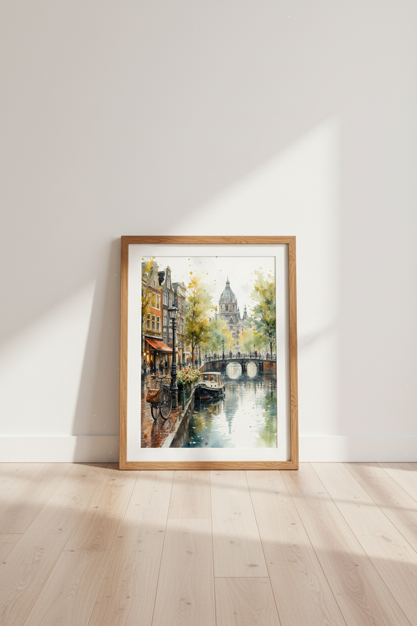 Amsterdam Canal Watercolor Print | Dutch Cityscape Decor | European Travel Poster