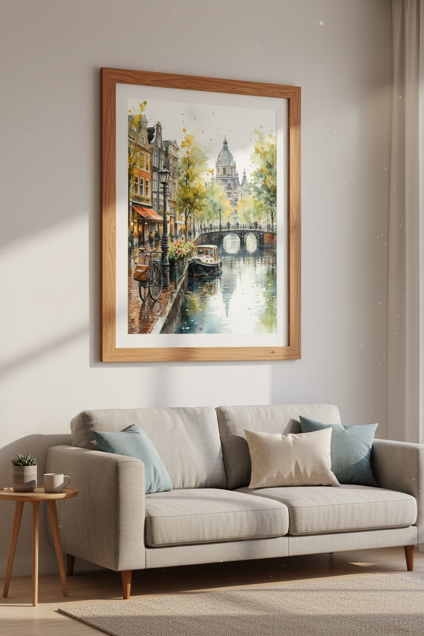 Amsterdam Canal Watercolor Print | Dutch Cityscape Decor | European Travel Poster